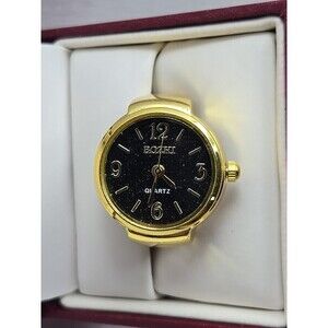 Bozhi Gold Tone Quartz Ring Watch Black Dial New Battery Retro Stretch Accessory